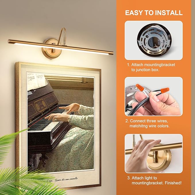 JOOSENLUX Dimmable Led Picture Lights 24.4'' Brass Golden-Like Hard-Wired Display Lighting for Paintings with Swing Arm Wall Mount Brief Metal Artwork Hallway Sconce Lamps 14W Warm White 3000K