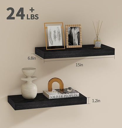Vervida® Black Floating Shelves for Wall, Rustic Wood Wall Mounted Shelves with Invisible Brackets for Decor & Storage, Floating Shelf for Living Room, Bathroom (Set of 2)