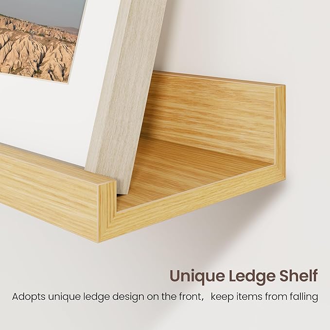 Axeman Picture Ledge Shelf | 16 Inch Oak Floating Shelves Set of 3 | Rustic Wood Wall Shelves with Lip | 16" Oak Picture Shelf for Wall with Ledge | Photo Shelves