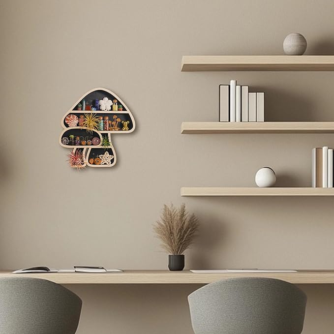 Cute Mushroom Decor, Wooden Floating Mushroom Shelf for Wall, Crystal Display Shelf Rock Gem Stone Display Shelf Wall Mounted
