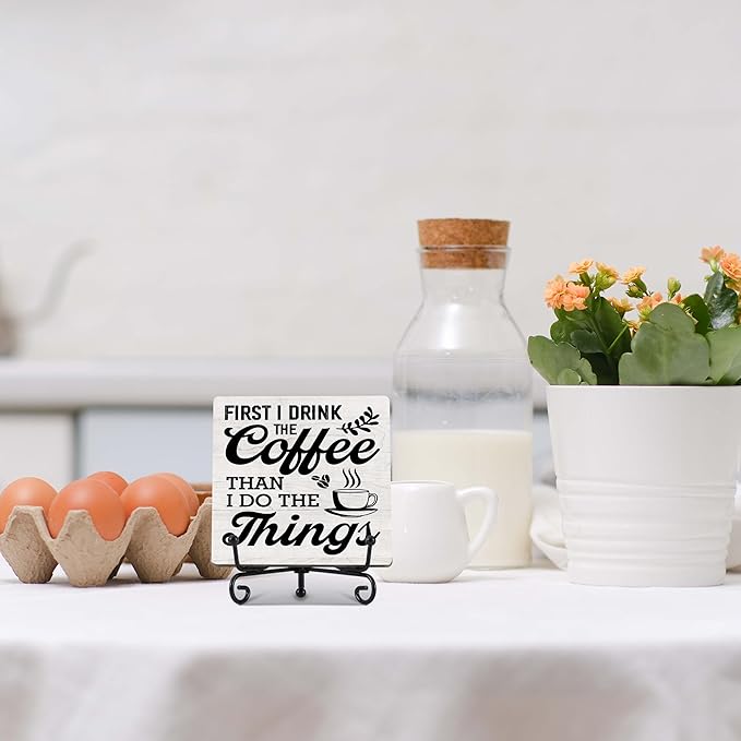 Coffee Bar Decor, Farmhouse Kitchen Table Decor, Coffee Station Accessories, Wooden Decorative Sign with Iron Stand for Table Desk Shelf Display-E20
