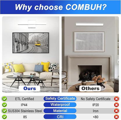 Combuh LED Bathroom Vanity Light Bar 16 Inch 9W IP44 Over Mirror Lighting Fixture Wall Sconces Indoor Modern Cool White 6000K Chrome Set of 2
