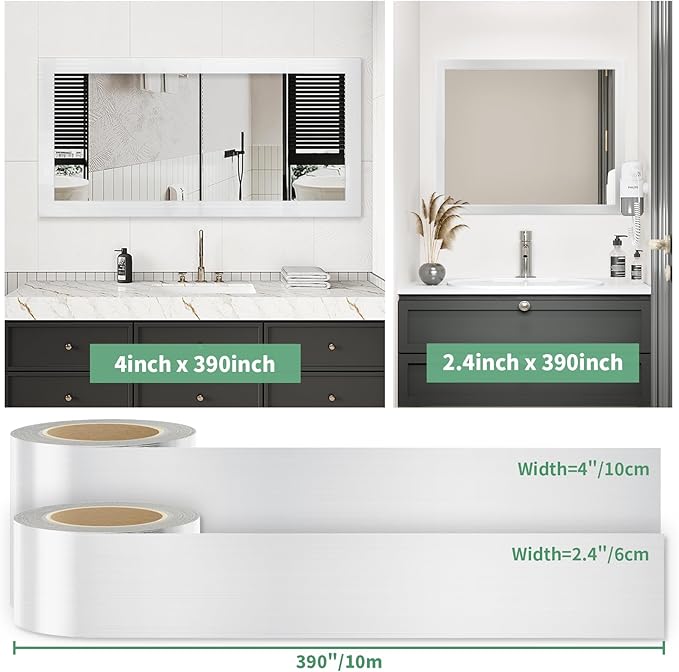 Peel and Stick Wallpaper Borders 390” x 2.36” Self Adhesive Mirror Frame Border Brushed DIY for Kitchen Bathroom Mirror Removal Border Sticker Wall Decor Cover 6.4 Sq.Ft, Brushed Sliver