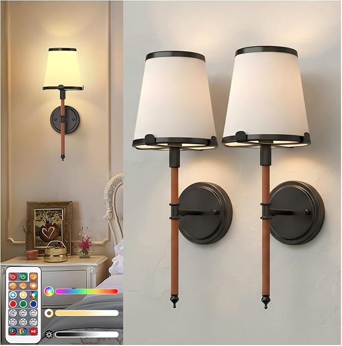 DORESshop Battery Operated Wall Sconce Set of 2, Wireless Wall Light Easy to Install, 7 Color Rechargeable Wall Sconces, Sconce Wall Decor Set of 2 for Bedroom, Living Room, Black and Leather, 18.7in
