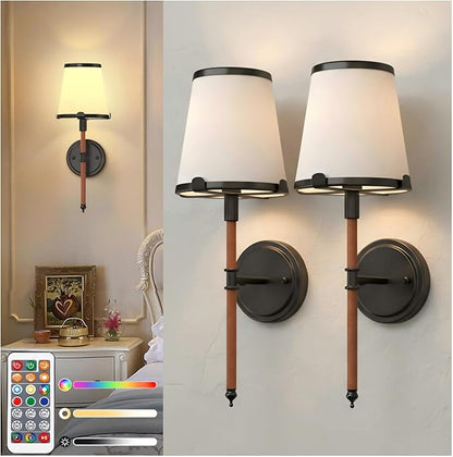 DORESshop Battery Operated Wall Sconce Set of 2, Wireless Wall Light Easy to Install, 7 Color Rechargeable Wall Sconces, Sconce Wall Decor Set of 2 for Bedroom, Living Room, Black and Leather, 18.7in
