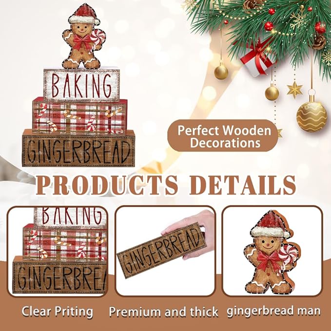 DIYDEC 4Pcs Christmas Table Decoration Gingerbread Man Wooden Block Sign Christmas Tiered Tray Decor Centerpiece Decorative Sign for Xmas Holiday Tabletop Coffee Fireplace Shelf Desk Party Decor