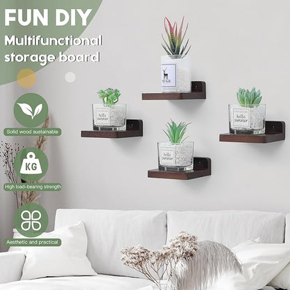 Small Floating Shelf, 4x4 Inch Display Ledges for Wall,Mini Shelves,Rustic Wood Shelf for Bedroom Living Room Bathroom Kitchen (4, Dark Walnut)