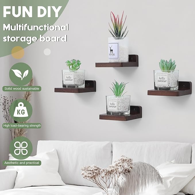 Small Floating Shelf, 4x4 Inch Display Ledges for Wall,Mini Shelves,Rustic Wood Shelf for Bedroom Living Room Bathroom Kitchen (8, Dark Walnut)