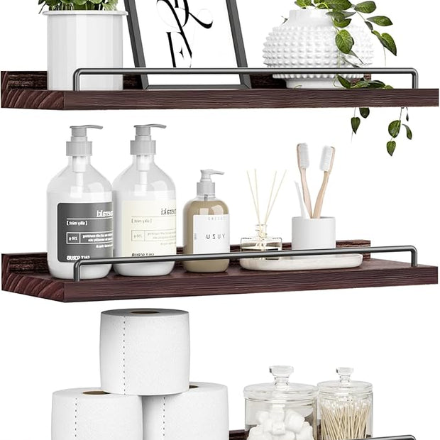 Floating Shelves, Bathroom Decor Shelves Over Toilet, Farmhouse Wall Shelves for Living Room, Bedroom, Picture Frames, Plants, Kitchen, Set of 3 (Walnut Brown)