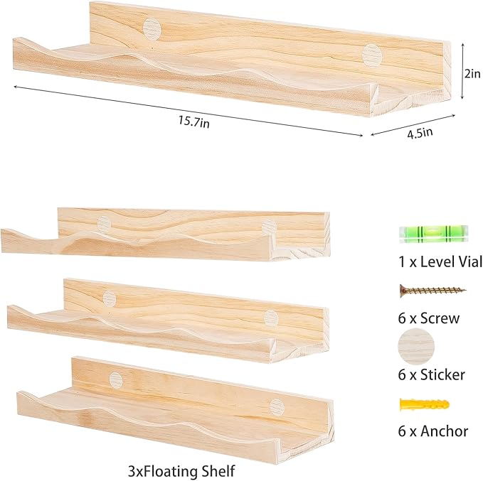AZSKY Floating Bookshelf for Kids, Cloud Picture Ledge Shelf - Natural 15.7 Inches, Nursery Book Shelves Set of 3, Floating Shelves Baby & Toddler Room Decor