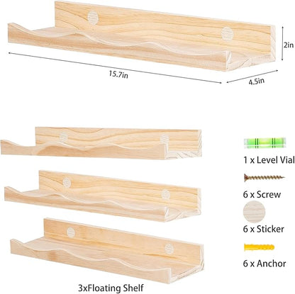 AZSKY Floating Bookshelf for Kids, Cloud Picture Ledge Shelf - Natural 15.7 Inches, Nursery Book Shelves Set of 3, Floating Shelves Baby & Toddler Room Decor