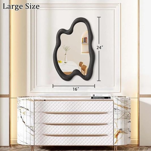 AAZZKANG Irregular Mirror Black Asymmetrical Wall Mounted Mirrors Large Modern Wood Frame Wall Mirror for Bathroom Bedroom Living Room Entryway 24"x16"