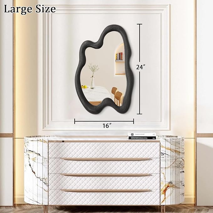 AAZZKANG Irregular Mirror Black Asymmetrical Wall Mounted Mirrors Large Modern Wood Frame Wall Mirror for Bathroom Bedroom Living Room Entryway 24