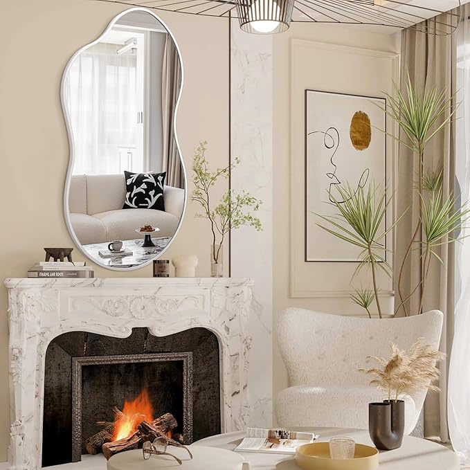 JJUUYOU Mirrors for Wall Metal Framed Decorative Irregular Large Mirrors 26"x47" Asymmetrical for Bathroom Bedroom Living Room Dressing Room Entryway White