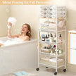 5-Tier Bathroom Storage Shelf, Mobile Metal Free Standing Shelving Unit with Wheels, Towel Rack Organizer with M-Shaped Detachable Dividers & 4 S-Hooks, Rolling Cart for Bathroom Laundry Kitchen,White