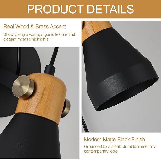 Modern Plug-in Wall Sconces - Adjustable Reading Light with Real Wood Accent, Matte Black Wall Lamp for Bedroom, Living Room, Apartment, Home Office