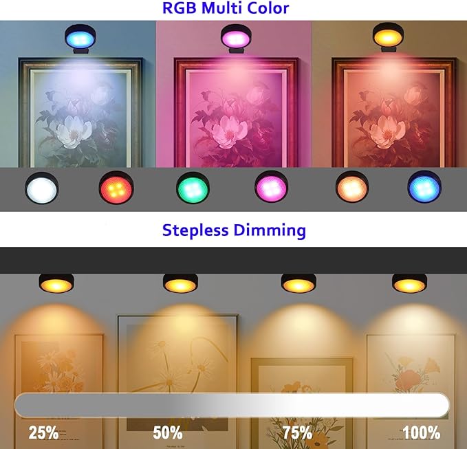 Battery Operated Picture Light, Puck Lights with Remote, Picture Lights for Wall, Picture Frame Lights with 20 Color Changing, Wireless Magnetic Art Light for Accent, Paintings-Black