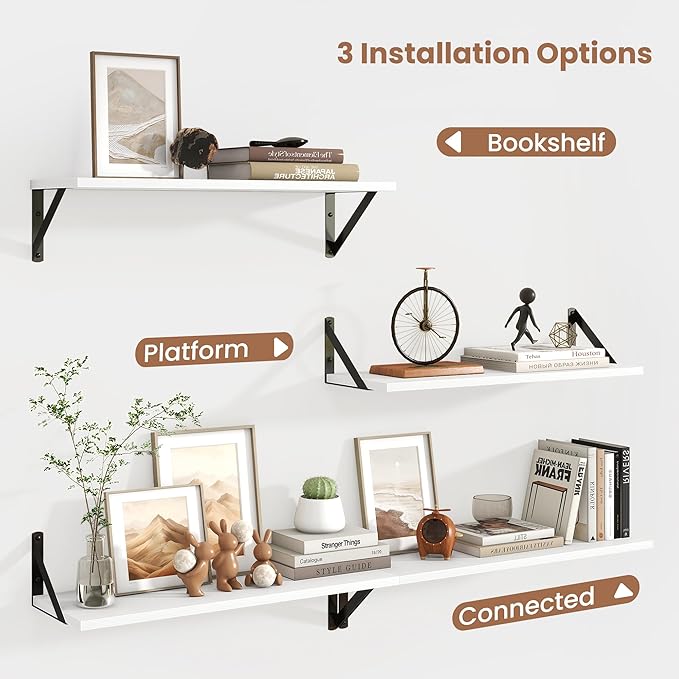 Axeman White Floating Shelves for Wall 24 Inch | 8 Inch Deep Wood Floating Shelves Set of 2 | 24W x 8D Rustic Wall Shelves for Bathroom Kitchen Living Room | Bookshelf Display Shelves