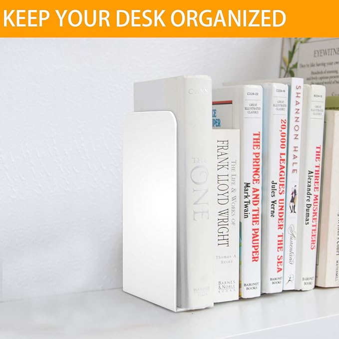 VFINE Bookends 1 Pair, White Metal Book Ends, Bookends for Shelves, Book Stopper for Heavy Books, Book Dividers for Home Office