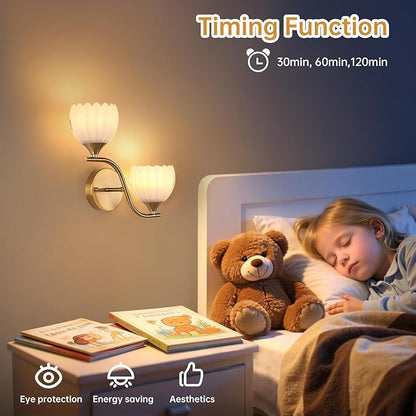 Battery Operated Wall Sconce, 2-Lights Vinatge Brass Wall Lighting with White Tluip Shade Rechargeable Bulb with Remote for Living Room, Bedroom，Symmetrical 2 Pack