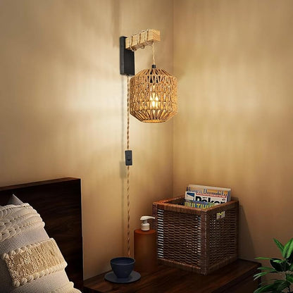 Rattan Plug in Wall Sconces Set of Two, Hand Woven Boho Wall Lamp Plug in Cord Wall Sconces for Bedroom Living Room Farmhouse