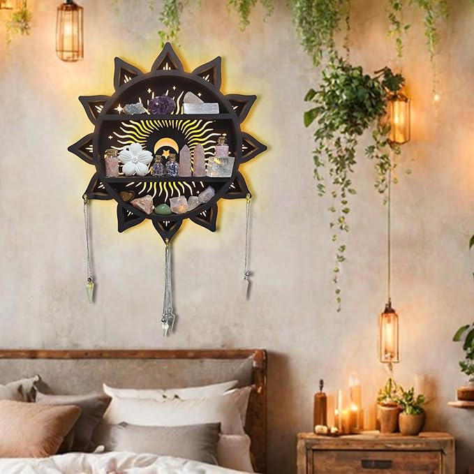 Chakra Lotus Flower Crystal Display Shelf with LED Light, Witchy Home Decor Boho Decorative Wall Mounted Trinket Shelf Wooden Sun Moon Shelf Rock Case Stone Storage Floating Hanging Holder