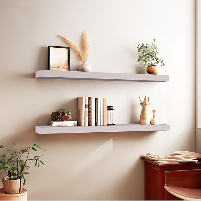 Floating Shelves 24 Inches Long, Set of 2 Solid Rustic Wood Wall Mounted Shelves, Wall Picture Ledge Shelf with Invisible Metal Brackets for Living Room, Bedroom, Bathroom, White