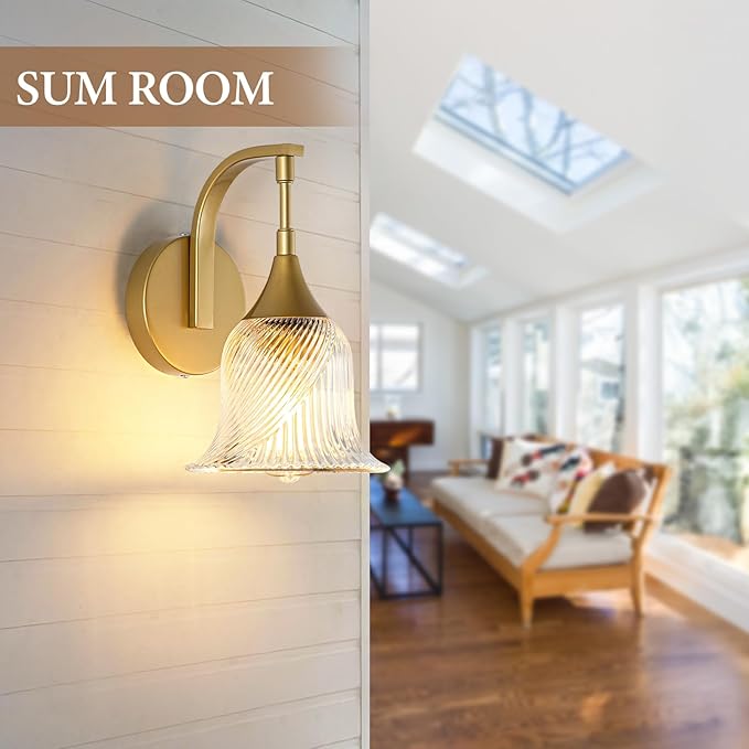 1-Light Gold Wall Sconce,Bathroom Sconces Brass Modern Wall Light Fixture with Clear Glass Shade,Indoor Wall Lamp for Living Room Bedroom Bathroom Hallway(E26)