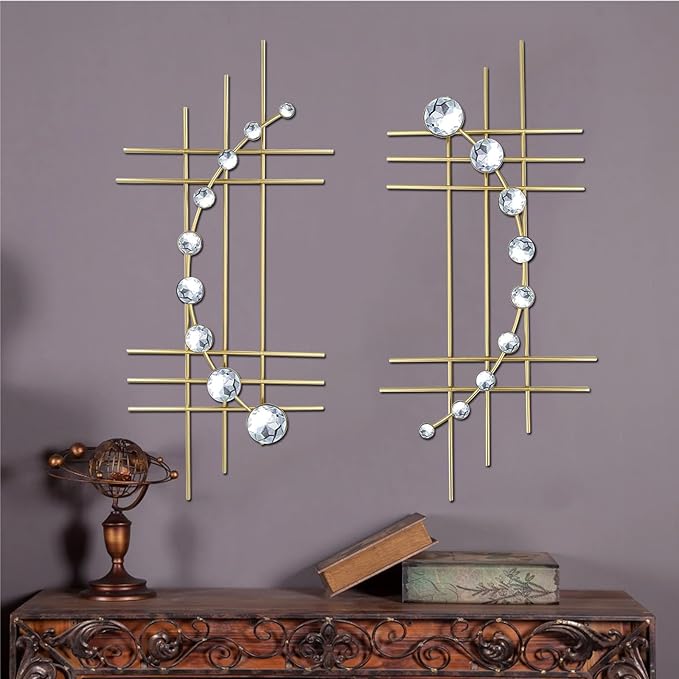 ZEXUIRU 2 Pack Gold Abstrac Wall Decor – Metal Crystal Wall Art with Sparkling Rhinestones, 16.5’’/24 Inch Wall Hanging Set for Living Room Bedroom Bathroom – Modern Bling Home Decorations