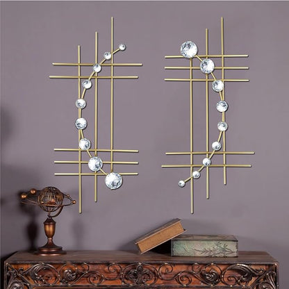 ZEXUIRU 2 Pack Gold Abstrac Wall Decor – Metal Crystal Wall Art with Sparkling Rhinestones, 16.5’’/24 Inch Wall Hanging Set for Living Room Bedroom Bathroom – Modern Bling Home Decorations