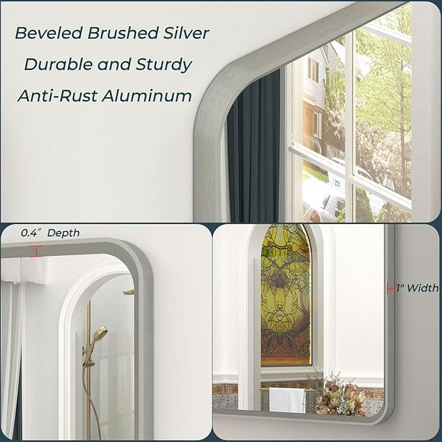 OKPAL Brushed Nickel Mirror 24 x 36 Silver Bathroom Mirror, Rounded Rectangle Silver Vanity Mirror with Brushed Metal Frame, HD Anti-Rust Wall Mirror(Horizontal/Vertical)