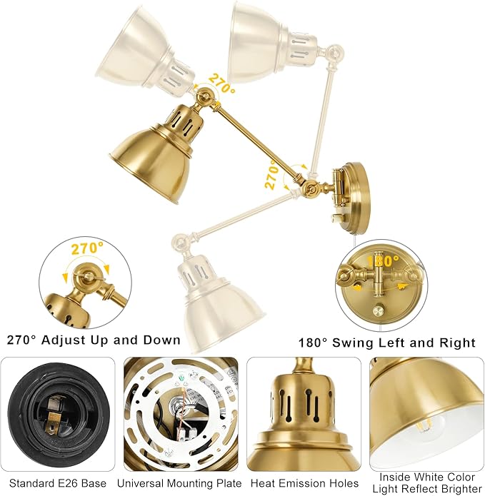 Plug in Wall Sconces Set of Two with Remote, Stepless Colors 2700K-6500K & Stepless Dimming, Premium Golden Finish, Plug in Wall Light with Night Light & Timer, LED Bulbs Included