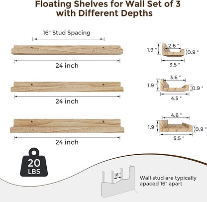 RICHFOCUS Floating Shelves for Wall, 24 inch Solid Wood Picture Ledge Shelf for Wall Storage, Nursery Book Shelves with Lip for Living Room Bathroom Bedroom Kitchen, Set of 3, Carbonized Black