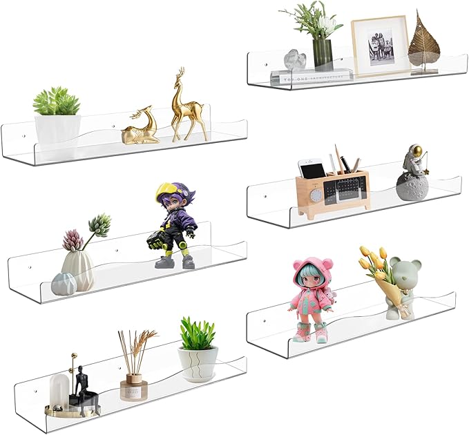 Wall Mount Acrylic Shelf 15 Inch Floating Shelf for Wall Decor Plants Books Records Heavy Duty Clear Display Shelf Bathroom Bedroom Living Room Storage Organization (6, Clear)