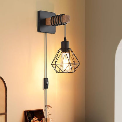 Rustic Wall Sconces Fixtures with Plug in Cord, Set of Two Indoor Vintage Rattan Wall Light Industrial Lamp Fixture Farmhouse Metal Sconces Light for Bedroom Bedside Living Room