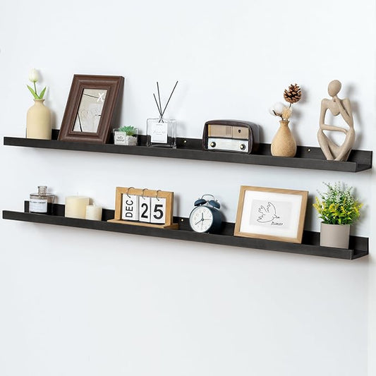 Picture Ledge Shelf, Floating Shelves Set of 2, Solid Ash Wood 48'' Long Large Nursery Book Shelves for Toys Storage, Kids Bookshelf for Living Room Bedroom Decor Books Photo Frames, Black