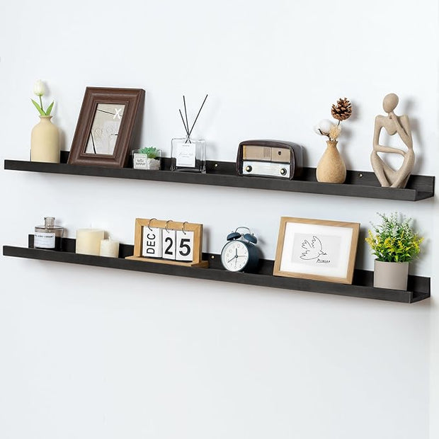 Picture Ledge Shelf, Floating Shelves Set of 2, Solid Ash Wood 48'' Long Large Nursery Book Shelves for Toys Storage, Kids Bookshelf for Living Room Bedroom Decor Books Photo Frames, Black
