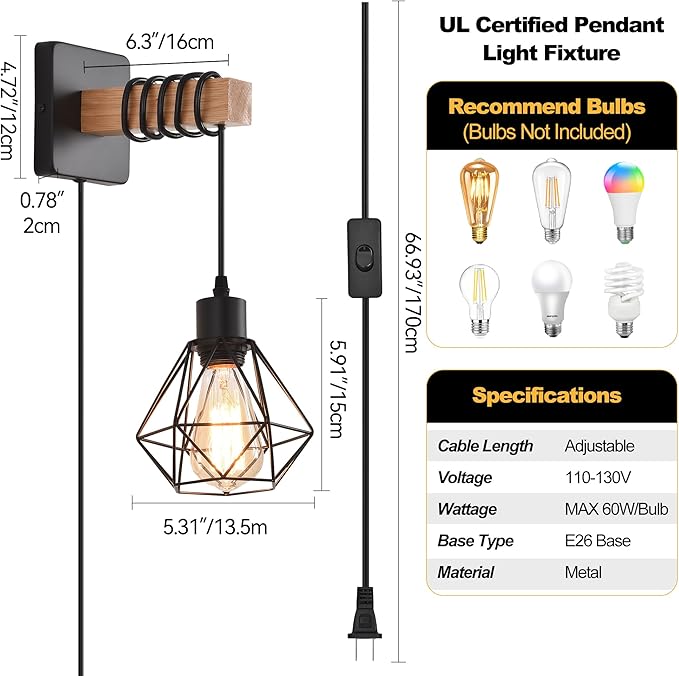 Rustic Wall Sconces Fixtures with Plug in Cord, Set of Two Indoor Vintage Rattan Wall Light Industrial Lamp Fixture Farmhouse Metal Sconces Light for Bedroom Bedside Living Room