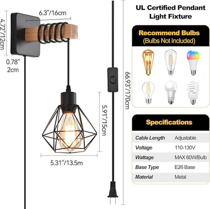 Rustic Wall Sconces Fixtures with Plug in Cord, Set of Two Indoor Vintage Rattan Wall Light Industrial Lamp Fixture Farmhouse Metal Sconces Light for Bedroom Bedside Living Room