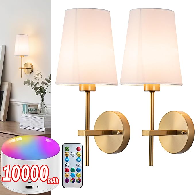 Battery Operated Wall Sconce Set of 2, Wireless Dimmable Battery Powered Wall Lamp with Remote Control,battery Wall Light with White Fabric Shade for Bedroom,Easy To Install,3 Color Temp Bulb Included