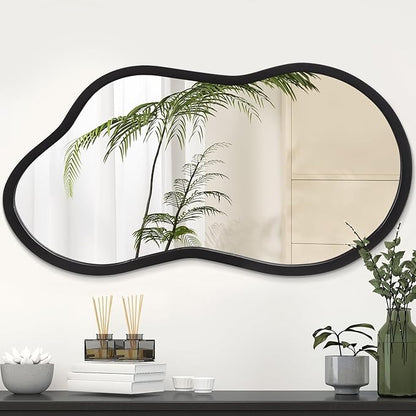 AAZZKANG Black Wall Mirror with Wood Framed Small Irregular Hanging Mirrors Modern Asymmetrical for Bedroom Living Room Entryway Bathroom Decorative 18"x10"