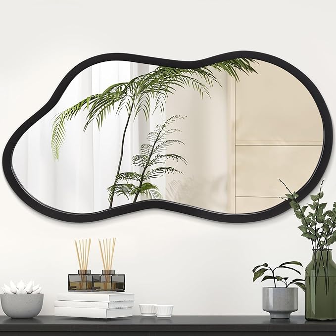 AAZZKANG Black Wall Mirror with Wood Framed Small Irregular Hanging Mirrors Modern Asymmetrical for Bedroom Living Room Entryway Bathroom Decorative 18"x10"