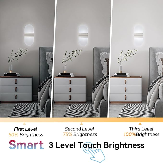 Modern Wall Sconces,2 PCS Acrylic LED Wall Lamp for Living Room Bedroom Hallway,Rechargeable USB Battery Operated,Adjustable Light,Bedside Lights,Touch Control Switch White Light(Arc-Shaped)