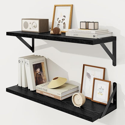 Floating Shelves, 8 Inch Deep Rustic Wood Wall Storage, 24W x 8D Wall Shelves Set of 2, Heavy Duty Metal Brackets, Industrial Book Shelf for Living Room, Kitchen, Bathroom, Bedroom, Black