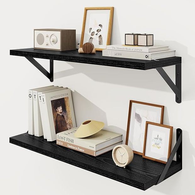 Floating Shelves, 8 Inch Deep Rustic Wood Wall Storage, 24W x 8D Wall Shelves Set of 2, Heavy Duty Metal Brackets, Industrial Book Shelf for Living Room, Kitchen, Bathroom, Bedroom, Black
