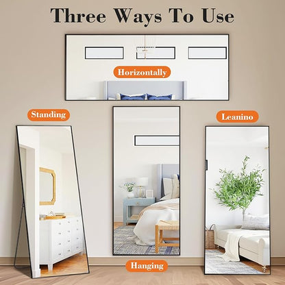 DUMOS Full Length Mirror with Stand 64"x21" Floor Standing Aluminum Frame for Bedroom Body Hanging Leaning Modern Simple Home Decor Shatter-proorf Nano Glass for Wall Living Room Cloakroom Black