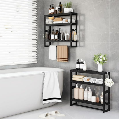 RRX Bathroom Shelf Storage Organizer, Bathroom Shelf 3-Tier Adjustable Layer Bamboo Organizer with Bar, Hanging, Freestanding Over Toilet Utility Shelves, Black