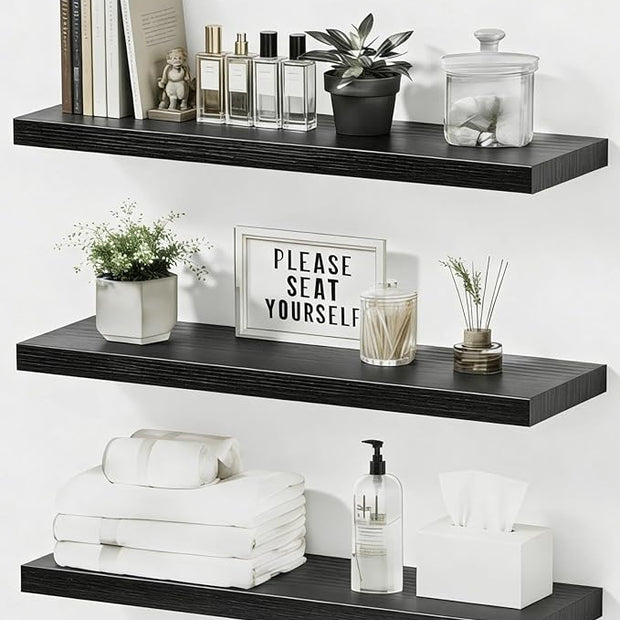 Assembly Easy Floating Shelves Set of 3,24 Inch Wall Mounted Wooden Shelf, Rustic Hanging Shelves for Home Decor, Books and Storage, Organizer for Bedroom,Small Bathroom,Kitchen,Black