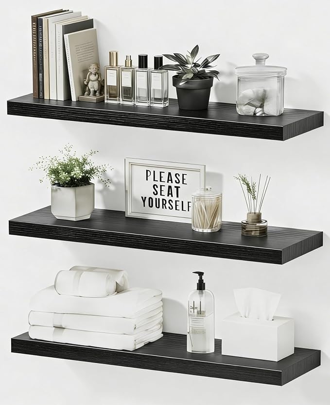 Floating Shelves Set of 3, 15.7 Inch Wall Mounted Wooden Shelf, Small Hanging Shelf for Home Decor, Books and Storage, Organizer for Bedroom, Bathroom, Kitchen, Black