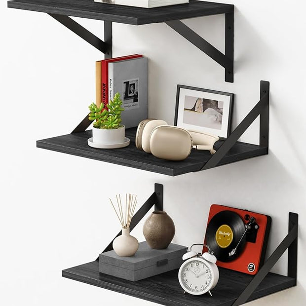 Forbena 12 Inch Deep Floating Shelves for Wall, Wide Black Wall Mounted Shelves for Bedroom Office Books Plants, Large Hanging Shelf for Living Room Bathroom Kitchen Closet Pantry Storage (3-Pack)